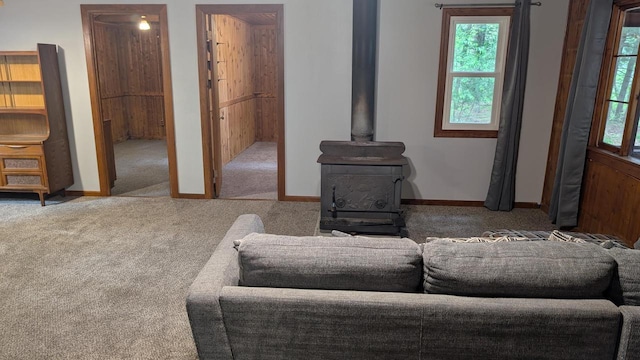 W4368 Clearwater Dr, Montello, WI 53949 - living room featuring carpet floors and a wood stove