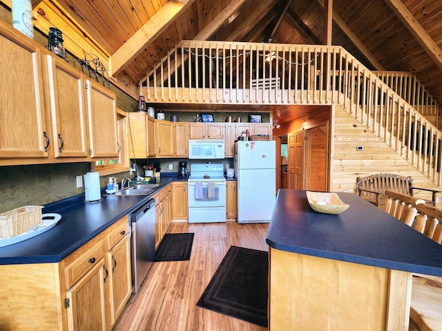 5872W Otter Ln, Winter, WI 54896 - kitchen with white appliances, wood ceiling, dark countertops, light brown cabinetry, and light wood-style floors