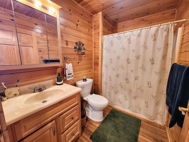 5872W Otter Ln, Winter, WI 54896 - bathroom with vanity, wood ceiling, wood finished floors, wood walls, and curtained shower