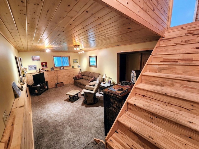 5872W Otter Ln, Winter, WI 54896 - living area with carpet, wooden ceiling, and stairs