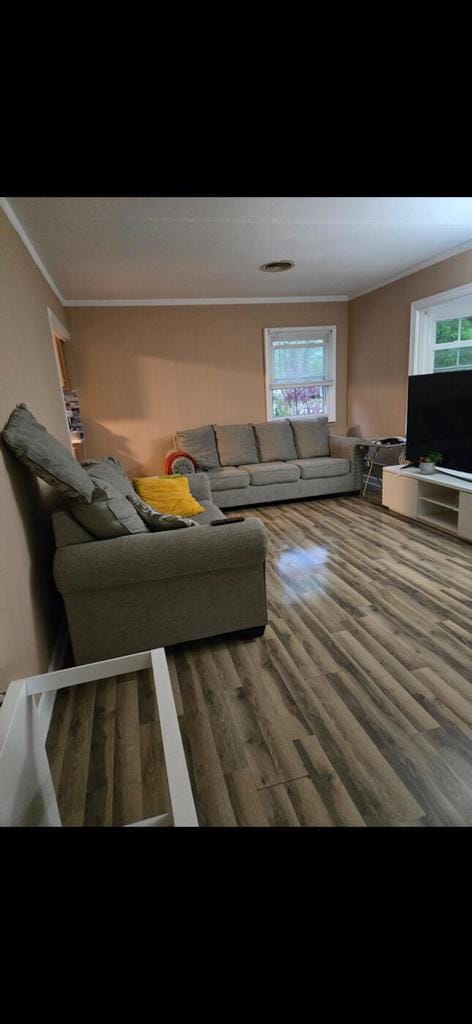 3416 S 66th St, Milwaukee, WI 53219 - living area featuring ornamental molding and wood finished floors