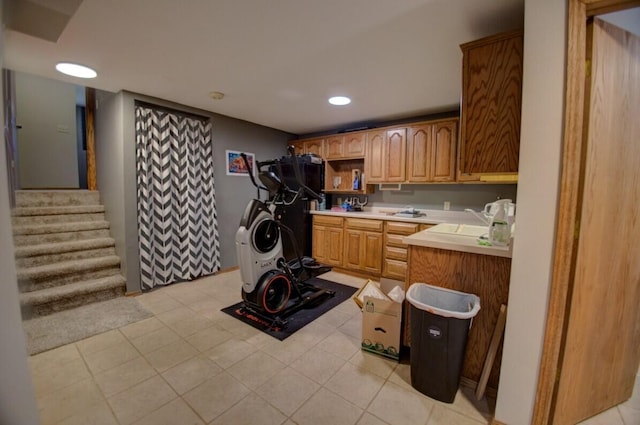 N4374 Esther Dr, Onalaska, WI 54650 - kitchen featuring light countertops, open shelves, recessed lighting, and freestanding refrigerator