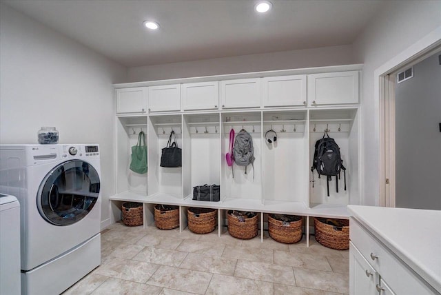 3007 Mourning Dove Dr, Cottage Grove, WI 53527 - laundry area with cabinet space, washer and clothes dryer, and recessed lighting