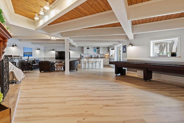 900 Hawks Holw, Delafield, WI 53018 - rec room with light wood finished floors and a wooden ceiling with exposed beams