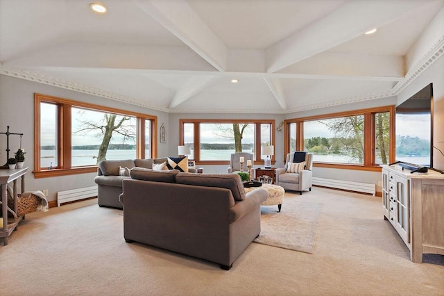 900 Hawks Holw, Delafield, WI 53018 - living room featuring light colored carpet, a baseboard radiator, and recessed lighting