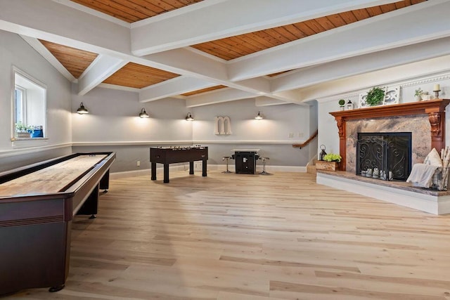 900 Hawks Holw, Delafield, WI 53018 - playroom with a wooden ceiling with exposed beams, wood finished floors, coffered ceiling, and a high end fireplace