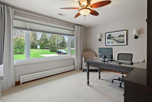 900 Hawks Holw, Delafield, WI 53018 - carpeted home office featuring a baseboard radiator, plenty of natural light, and ceiling fan