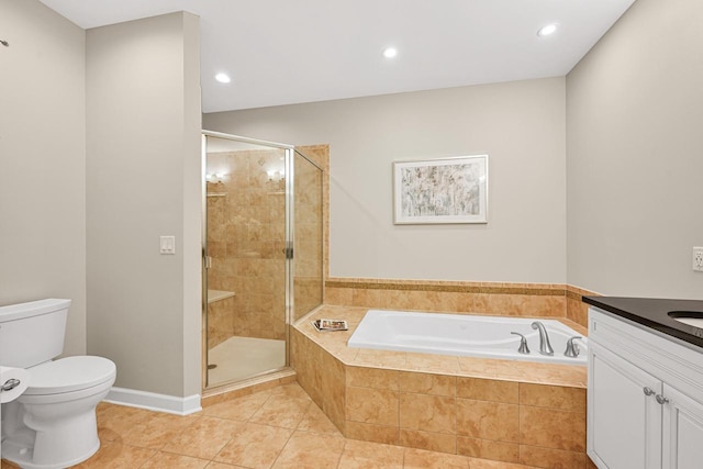 17185 Lake Rd Unit C, Brookfield, WI 53005 - bathroom featuring a bath, vanity, tile patterned floors, a shower stall, and recessed lighting