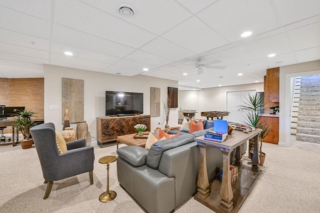 17185 Lake Rd Unit C, Brookfield, WI 53005 - living room featuring light colored carpet, a ceiling fan, a paneled ceiling, and recessed lighting