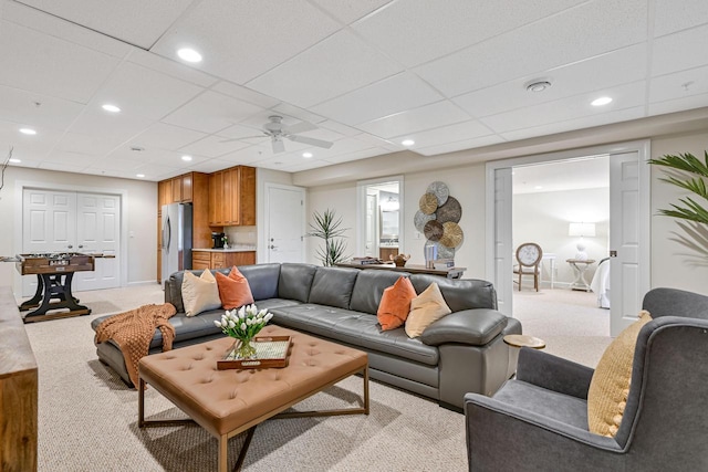 17185 Lake Rd Unit C, Brookfield, WI 53005 - living area with light colored carpet, ceiling fan, a paneled ceiling, and recessed lighting