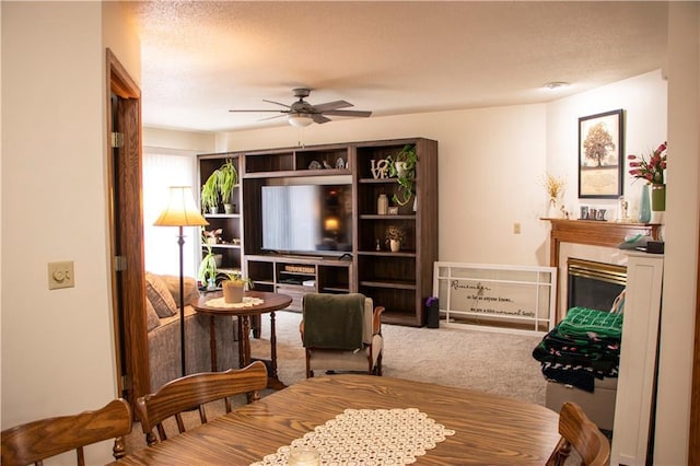 3155 Craig Rd Unit 3155, Eau Claire, WI 54701 - living room with carpet floors, a ceiling fan, a textured ceiling, and a fireplace