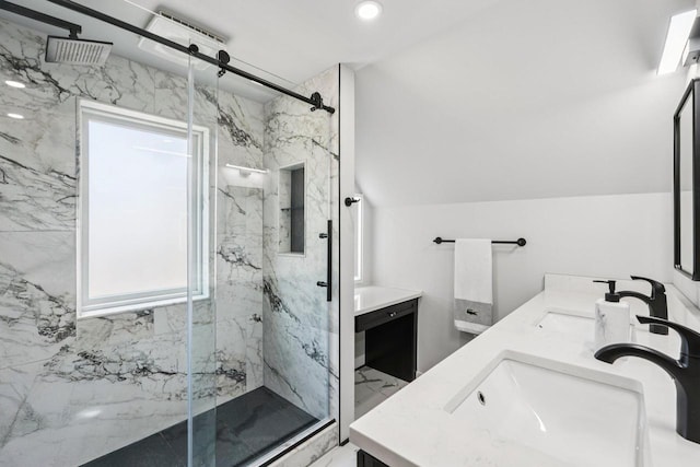 323 S 79th St, Milwaukee, WI 53214 - bathroom with a marble finish shower, double vanity, marble finish flooring, and recessed lighting