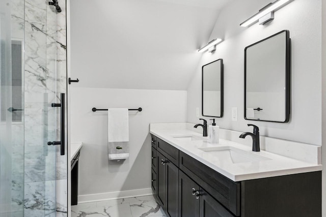 323 S 79th St, Milwaukee, WI 53214 - full bathroom with marble finish flooring, double vanity, a marble finish shower, and lofted ceiling