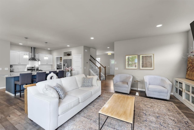405 Blue Moon Dr, Verona, WI 53593 - living area with recessed lighting, dark wood-style floors, and stairs