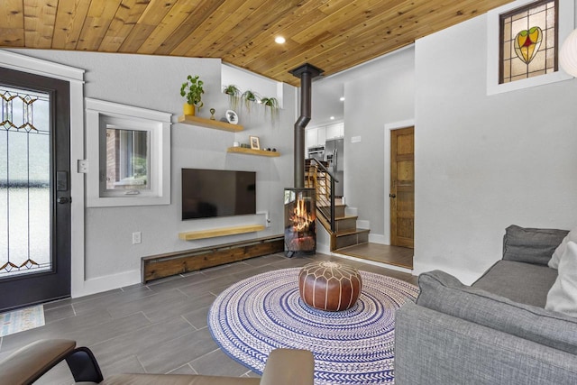 175 Old Wausau Rd, Stevens Point, WI 54481 - tiled living area featuring wooden ceiling, stairs, and recessed lighting