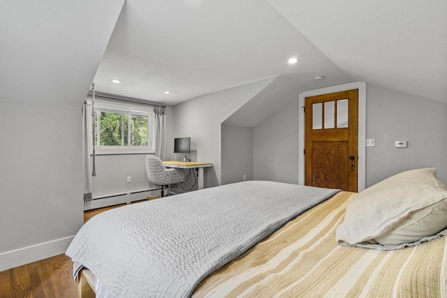 175 Old Wausau Rd, Stevens Point, WI 54481 - bedroom featuring baseboard heating, wood finished floors, lofted ceiling, and recessed lighting