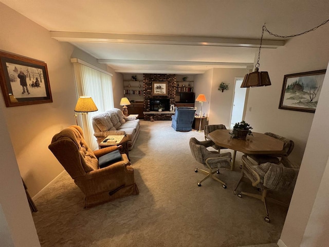 1011 19th Ave S, Wisconsin Rapids, WI 54495 - carpeted living room featuring beam ceiling and a brick fireplace