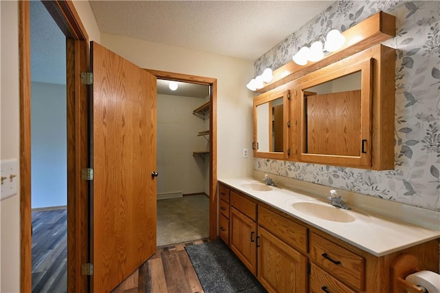 5342 W County Highway F, Trego, WI 54888 - full bath featuring wood finished floors, double vanity, a textured ceiling, and wallpapered walls