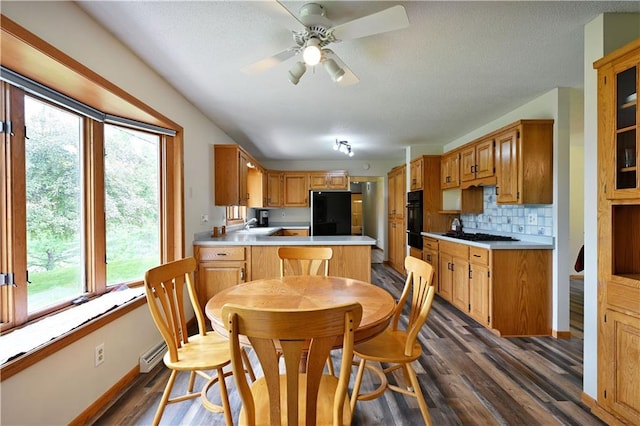 5342 W County Highway F, Trego, WI 54888 - kitchen with fridge, a peninsula, light countertops, dark wood finished floors, and oven