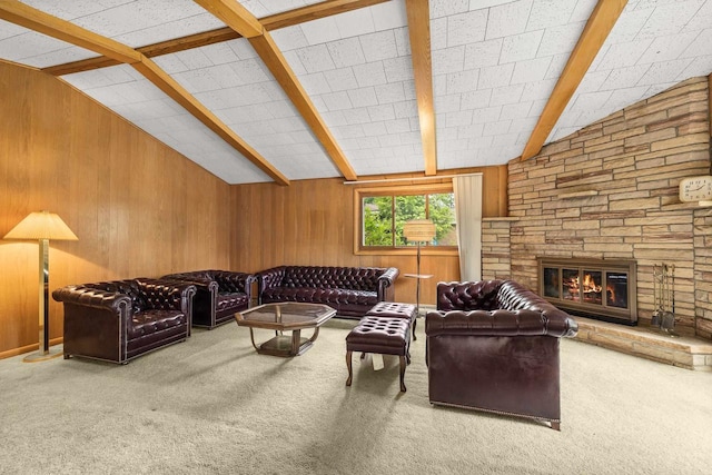 2908 Prais St, Stevens Point, WI 54481 - carpeted living area with wood walls and a stone fireplace