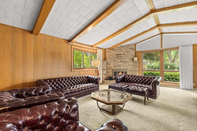 2908 Prais St, Stevens Point, WI 54481 - carpeted living room featuring wood walls, healthy amount of natural light, and a fireplace