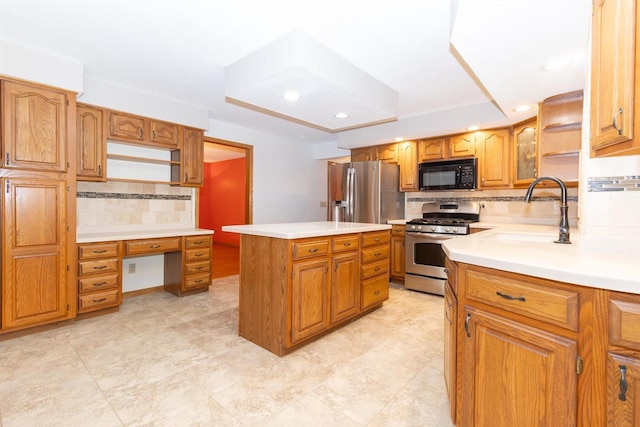 N2559 Pleasant View Ln, Waupaca, WI 54981 - kitchen featuring stainless steel appliances, decorative backsplash, open shelves, built in study area, and recessed lighting