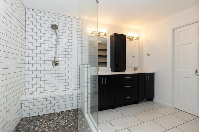 N2559 Pleasant View Ln, Waupaca, WI 54981 - full bathroom featuring tiled shower, double vanity, and tile patterned floors