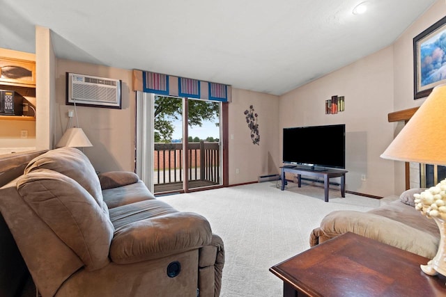 2409 Cedar Ridge Ct Unit D, Green Bay, WI 54313 - living room with vaulted ceiling, carpet floors, an AC wall unit, and baseboard heating