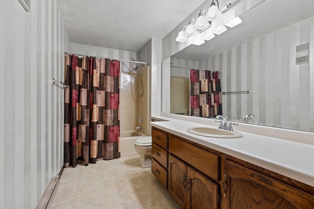 2409 Cedar Ridge Ct Unit D, Green Bay, WI 54313 - full bathroom with tile patterned flooring, vanity, shower / bath combination with curtain, and wallpapered walls