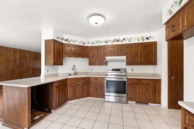 614 8th St, Fond Du Lac, WI 54935 - kitchen with stainless steel range with electric cooktop, under cabinet range hood, light countertops, a peninsula, and light tile patterned flooring