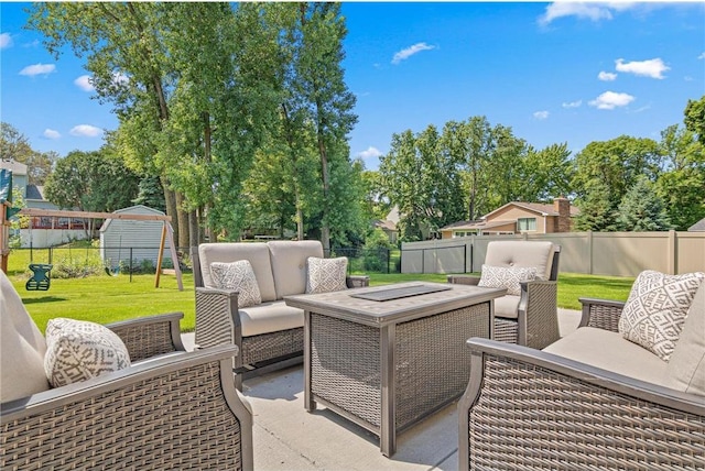 3203 Canterbury Cir, Saint Paul, MN 55125 - fenced backyard with outdoor lounge area and a patio