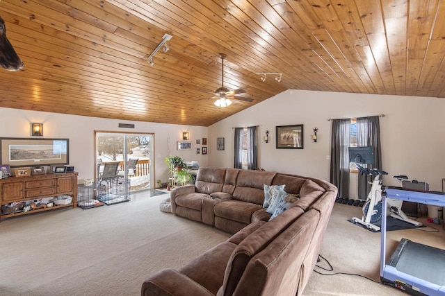 W6815 N Walworth Rd, Walworth, WI 53184 - living room with carpet flooring, lofted ceiling, wood ceiling, ceiling fan, and track lighting