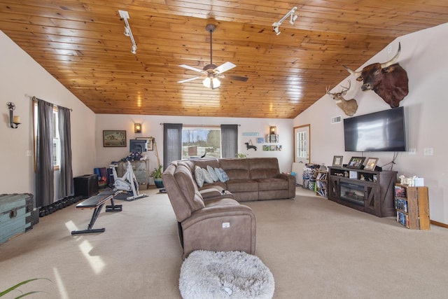 W6815 N Walworth Rd, Walworth, WI 53184 - living room featuring vaulted ceiling, carpet, wood ceiling, a ceiling fan, and track lighting