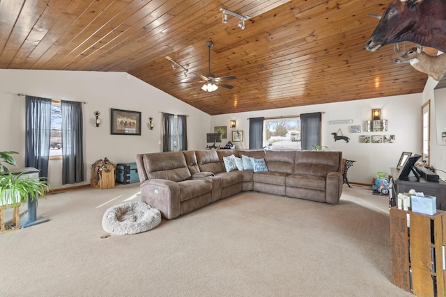 W6815 N Walworth Rd, Walworth, WI 53184 - living room with carpet floors, wood ceiling, plenty of natural light, lofted ceiling, and ceiling fan