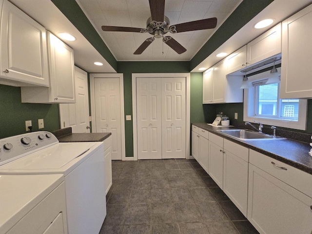 1716 Oak St, Stevens Point, WI 54481 - washroom with cabinet space, washer and dryer, a ceiling fan, and recessed lighting