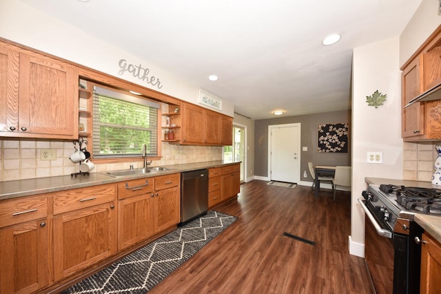 N68W15240 Prudence Dr, Menomonee Falls, WI 53051 - kitchen featuring dishwasher, gas range, open shelves, tasteful backsplash, and recessed lighting