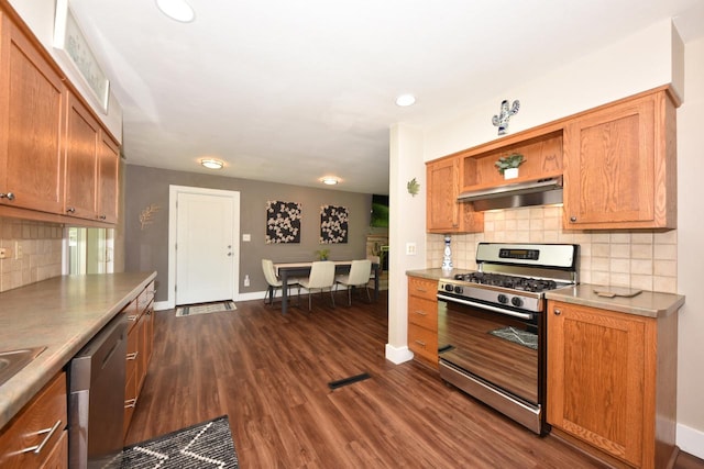 N68W15240 Prudence Dr, Menomonee Falls, WI 53051 - kitchen with appliances with stainless steel finishes, under cabinet range hood, decorative backsplash, dark wood-type flooring, and brown cabinets
