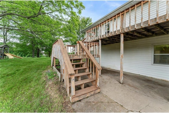 1231 135th St, Amery, WI 54005 - view of patio featuring stairs and a wooden deck