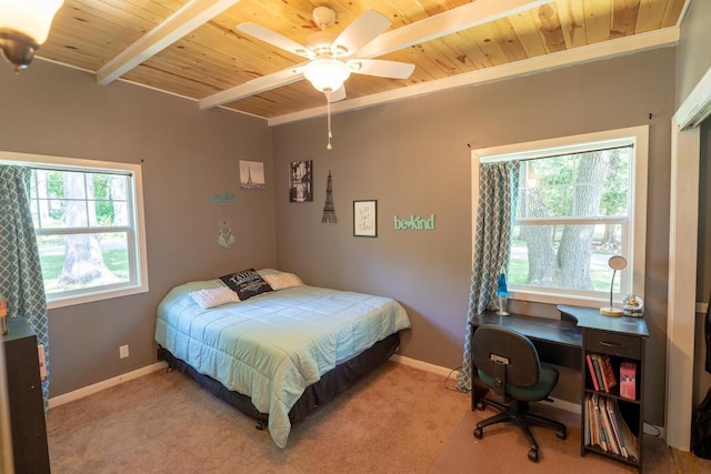 N3342 Hickory Rd, Lake Geneva, WI 53147 - bedroom featuring a wood ceiling with exposed beams, carpet floors, and a ceiling fan
