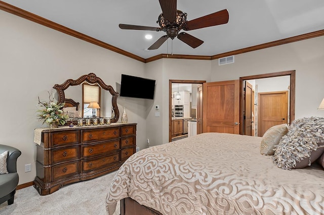 4140 N Prairie Rose Ln, Appleton, WI 54913 - bedroom featuring carpet flooring, crown molding, a ceiling fan, and connected bathroom