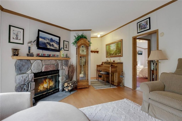 635 S 6th St, Barron, WI 54812 - living room featuring ornamental molding, wood finished floors, and a fireplace