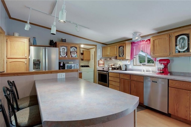635 S 6th St, Barron, WI 54812 - kitchen featuring appliances with stainless steel finishes, washer / clothes dryer, vaulted ceiling, ornamental molding, and rail lighting