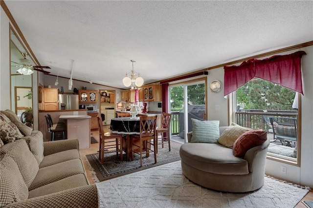 635 S 6th St, Barron, WI 54812 - living room with a chandelier, vaulted ceiling, ornamental molding, light wood-style floors, and washer / clothes dryer