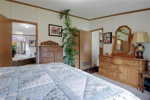 635 S 6th St, Barron, WI 54812 - carpeted bedroom featuring ornamental molding, connected bathroom, and a textured ceiling