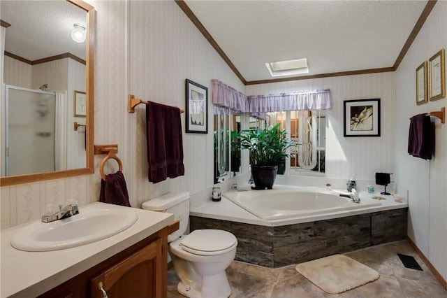 635 S 6th St, Barron, WI 54812 - bathroom with crown molding, a textured ceiling, a stall shower, a bath, and vanity
