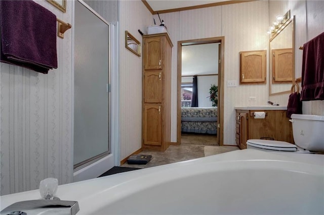 635 S 6th St, Barron, WI 54812 - ensuite bathroom featuring wallpapered walls, a stall shower, a bathtub, and vanity