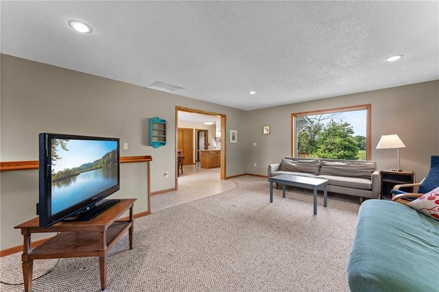 1231 135th St, Amery, WI 54001 - living room with a textured ceiling, light colored carpet, and recessed lighting