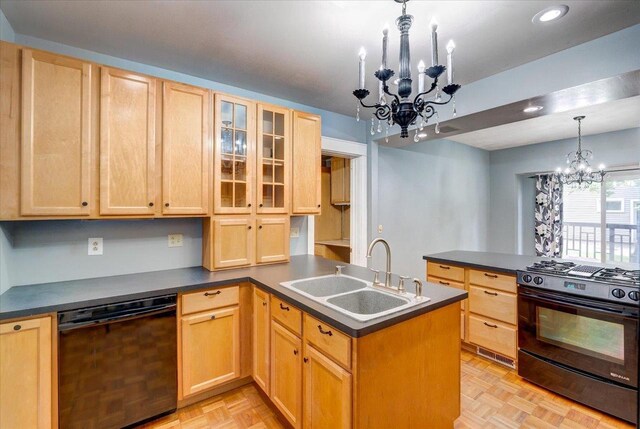 31 Elm St, Fort Atkinson, WI 53538 - kitchen with black appliances, a chandelier, a peninsula, light brown cabinetry, and recessed lighting