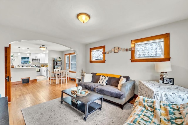 904 Romayne Ave, Racine, WI 53402 - living room with arched walkways, light wood-style floors, and plenty of natural light