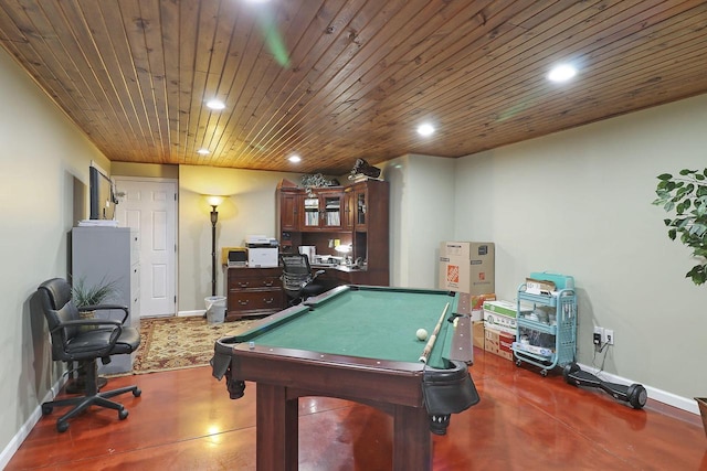 329 S Stone Ridge Dr, Lake Geneva, WI 53147 - playroom featuring recessed lighting, billiards, wooden ceiling, finished concrete flooring, and a desk